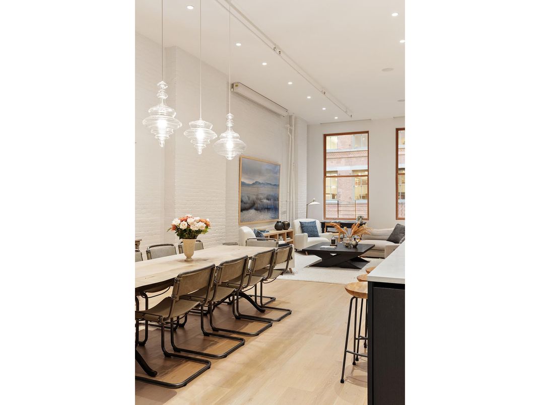 Dining room, Interior, Living room, Pendant Lights, Recessed Lighting, Wood Texture Flooring