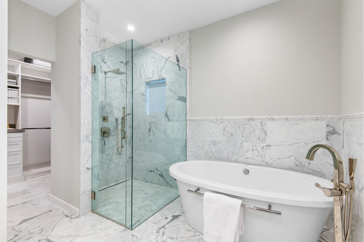 Bathroom, Free Standing Baths, Glass Shower, Interior, Marble, Marble Walls, Recessed Lighting