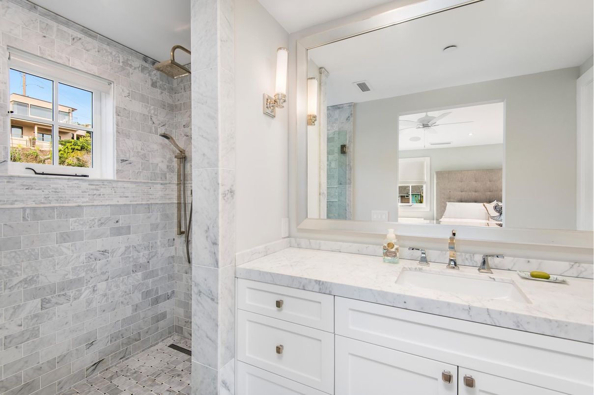 Bathroom, Glass Shower, Interior, Recessed Lighting, Stone Walls