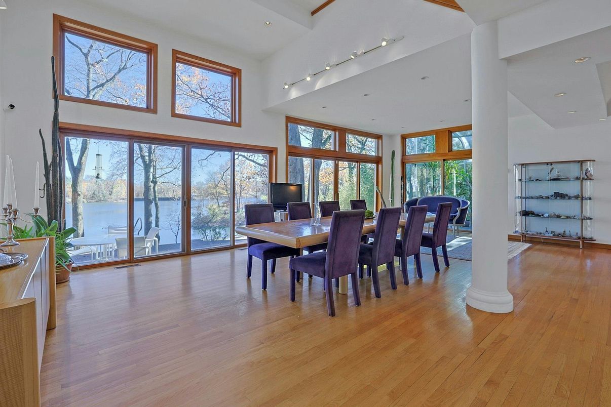 Dining room, Interior, Recessed Lighting, Wood Texture Flooring