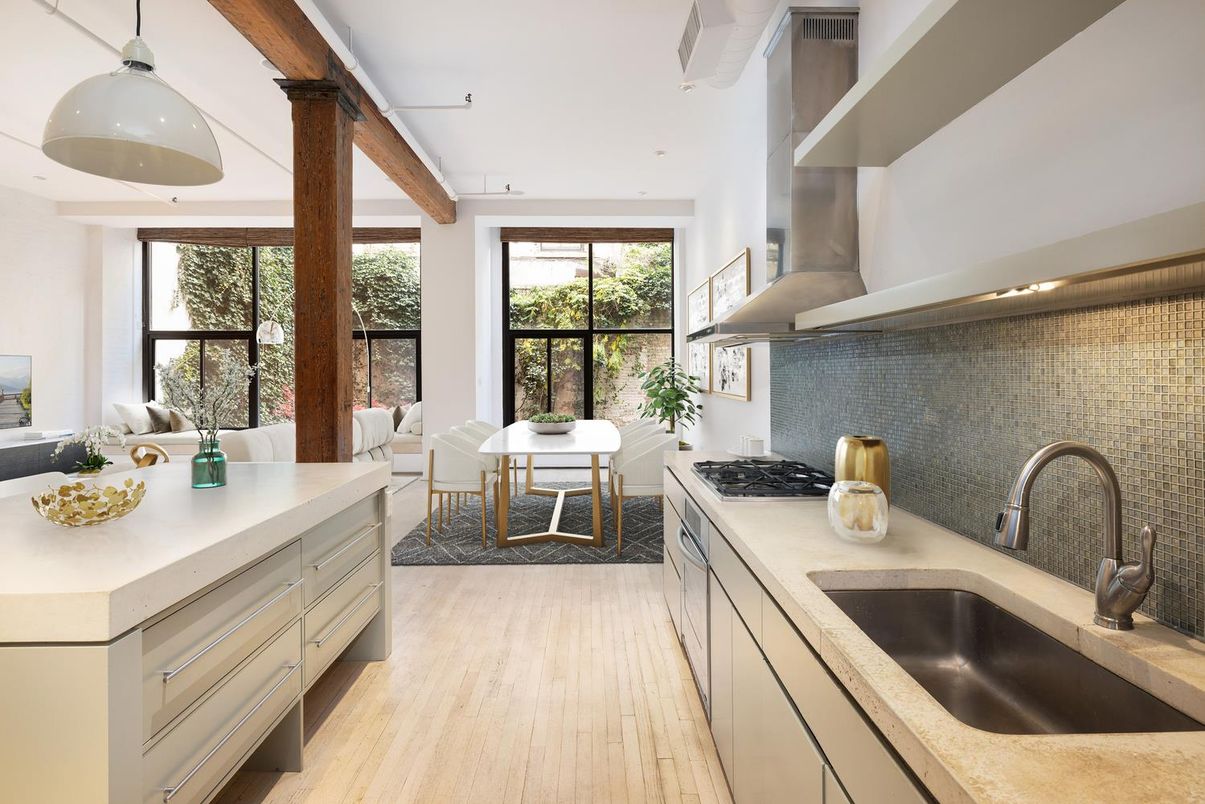 Dining room, Interior, Kitchen, Pendant Lights, Wood Texture Flooring