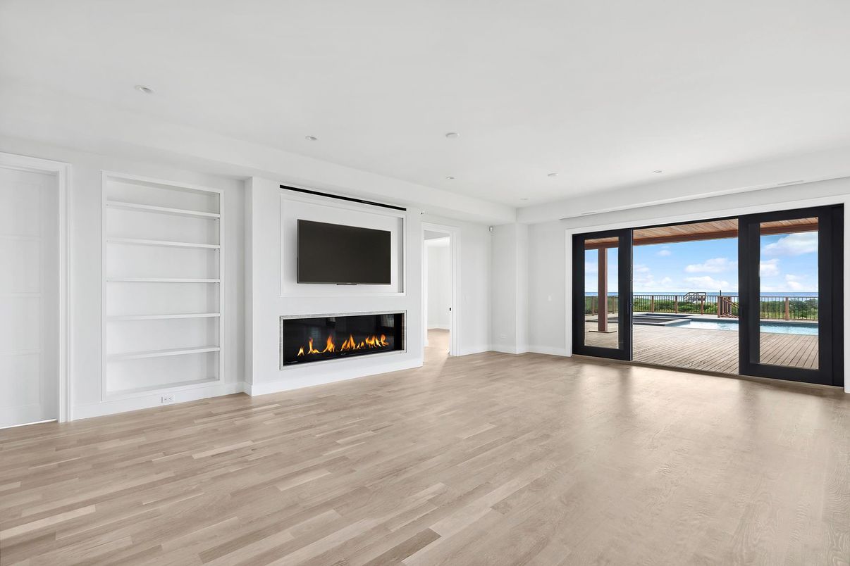 Empty room, Fireplace, Interior, Recessed Lighting, Wood Texture Flooring