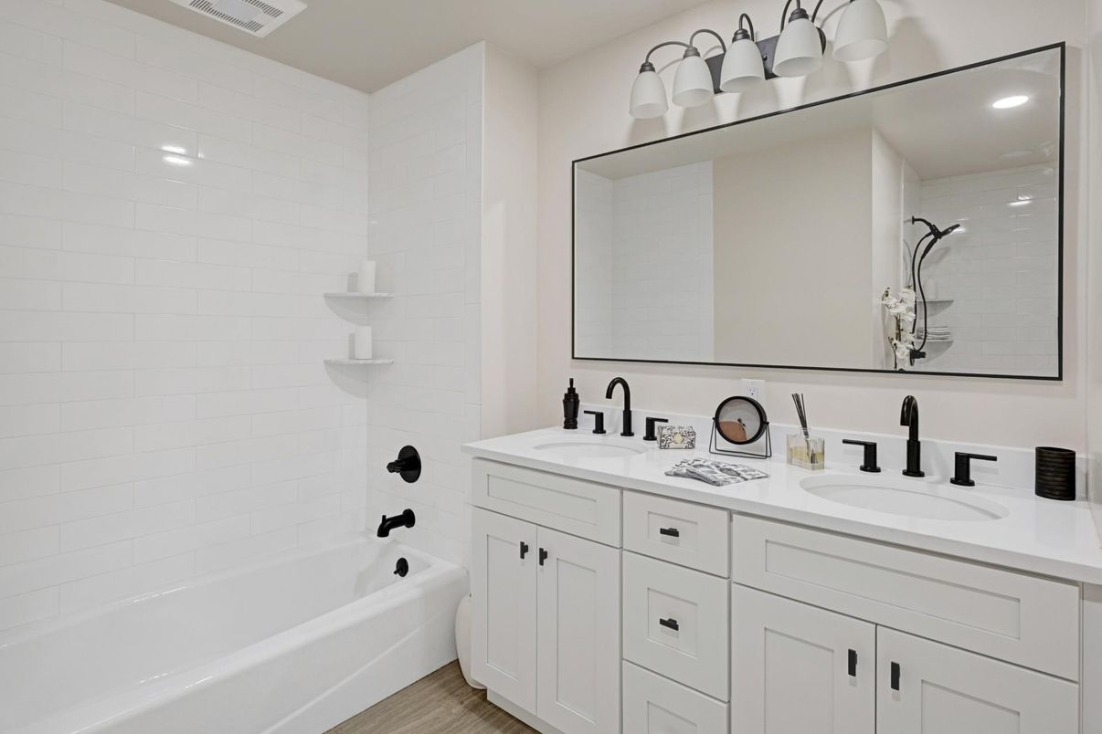 Bathroom, Dual Sink Vanities, Interior, Recessed Lighting, Wood Texture Flooring