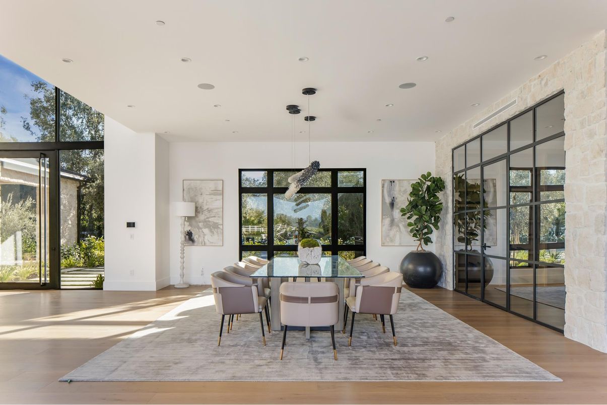 Dining room, Interior, Pendant Lights, Recessed Lighting, Wood Texture Flooring