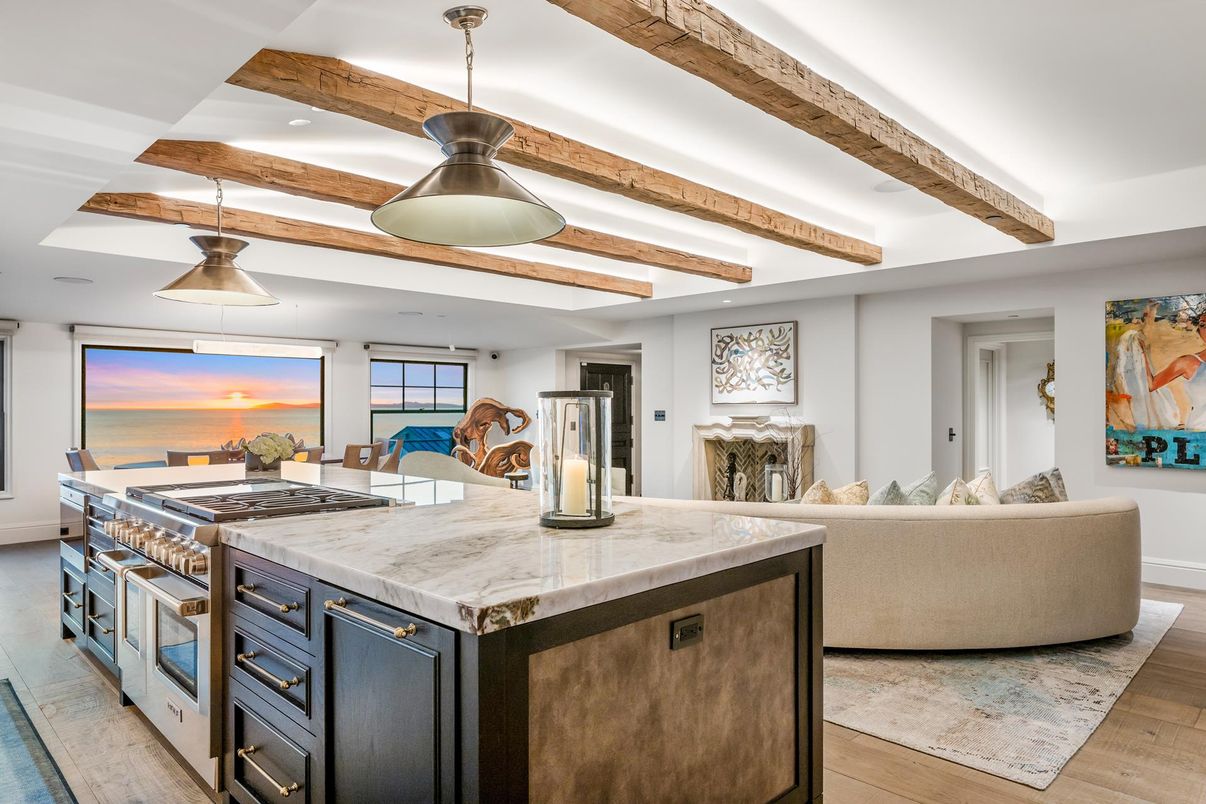 Interior, Kitchen, Living room, Pendant Lights, Recessed Lighting, Stainless Steel Appliances, Wooden Beams, Wood Texture Flooring