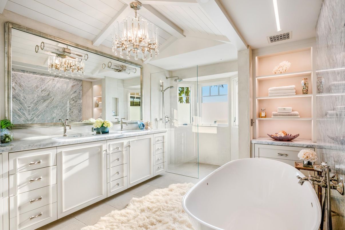 Bathroom, Chandelier, Dual Sink Vanities, Free Standing Baths, Glass Shower, Interior
