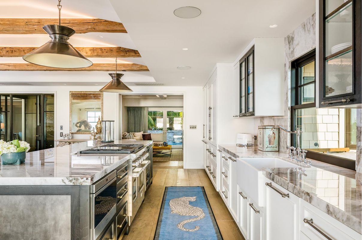 Interior, Kitchen, Living room, Pendant Lights, Recessed Lighting, Stainless Steel Appliances, Wooden Beams, Wood Texture Flooring