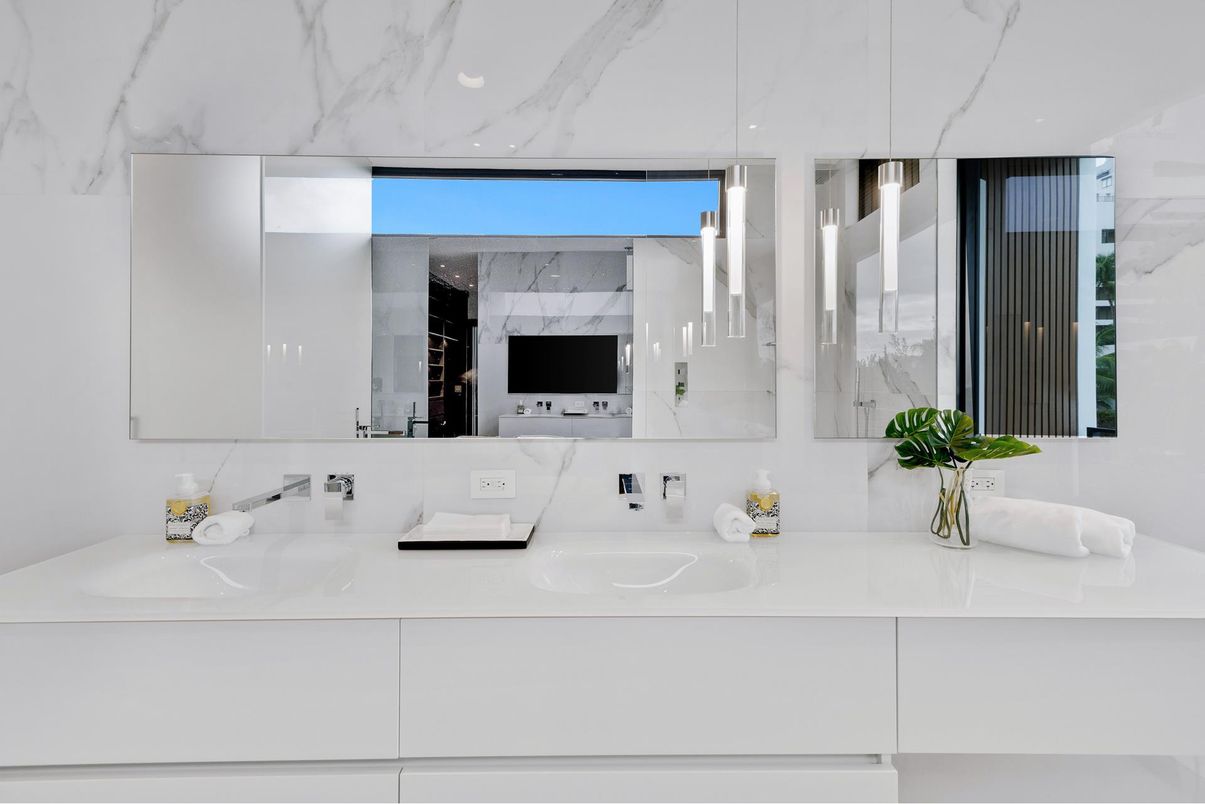 Bathroom, Dual Sink Vanities, Interior, Marble Walls, Pendant Lights