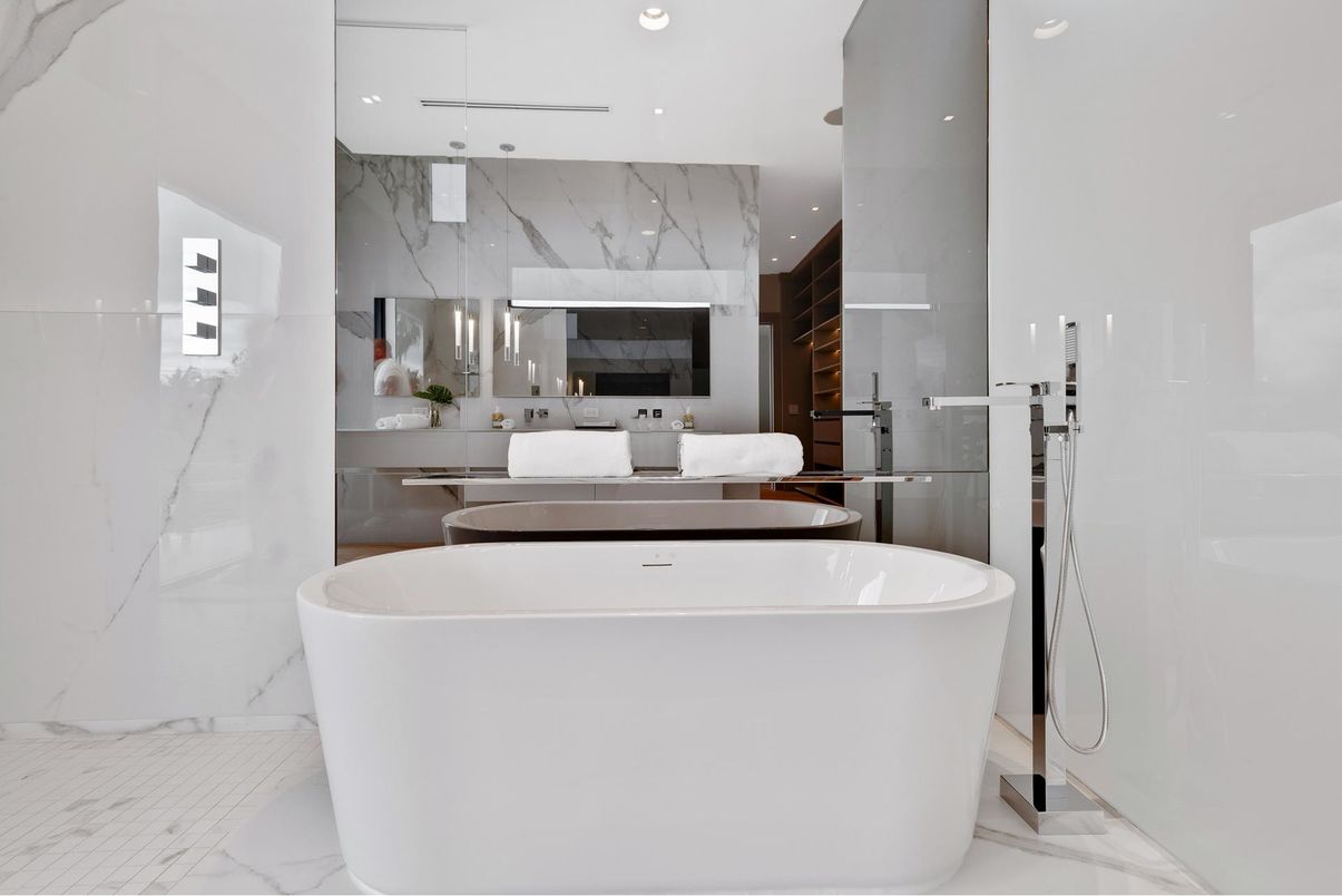 Bathroom, Free Standing Baths, Interior, Marble, Marble Walls, Recessed Lighting