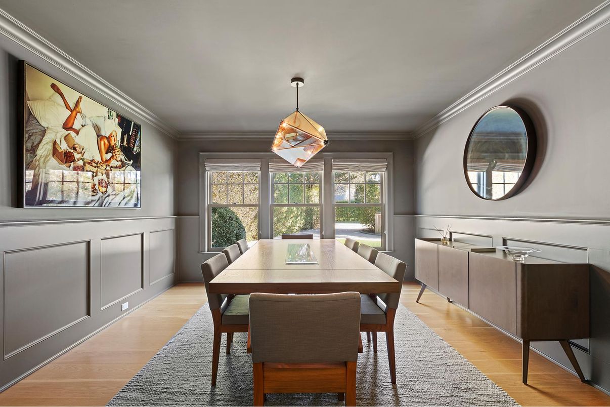 Dining room, Interior, Pendant Lights, Wood Texture Flooring