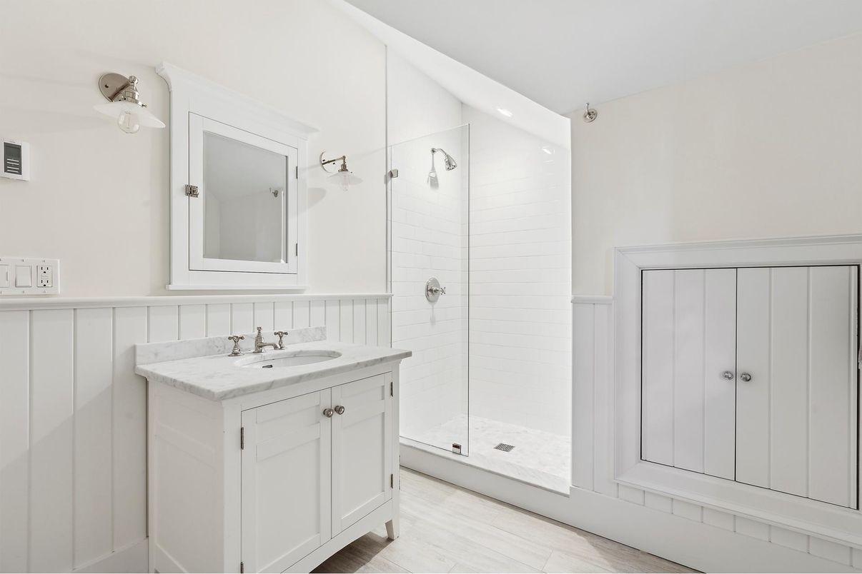 Bathroom, Glass Shower, Interior, Wood Texture Flooring