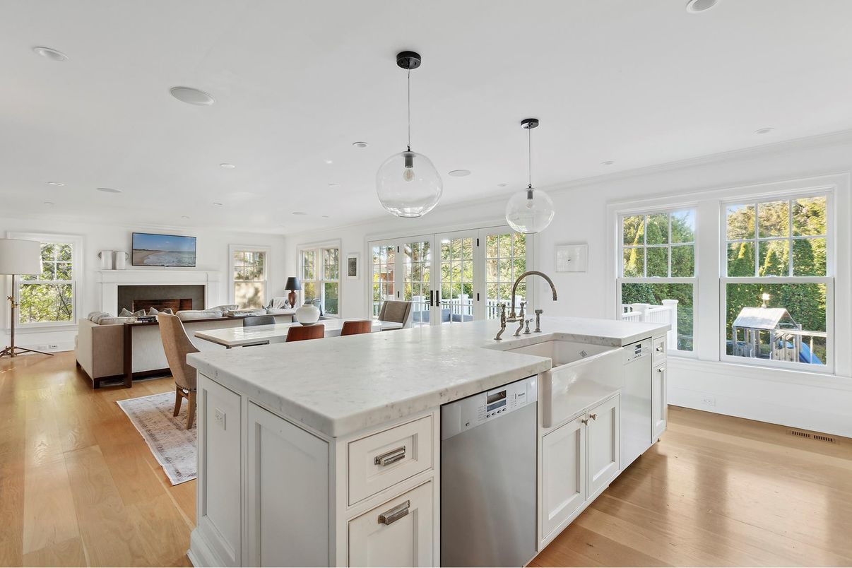Dining room, Fireplace, Interior, Kitchen, Living room, Pendant Lights, Recessed Lighting, Wood Texture Flooring