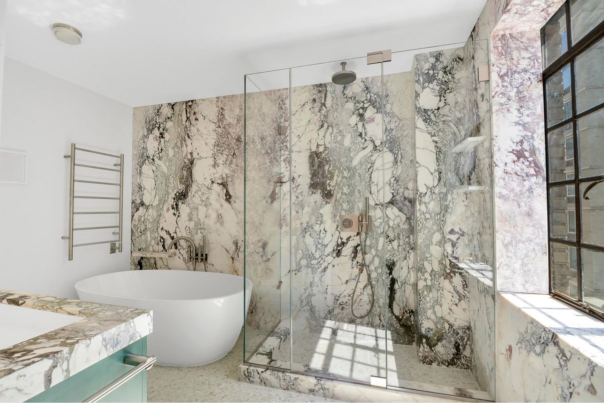 Bathroom, Free Standing Baths, Glass Shower, Interior, Marble Walls