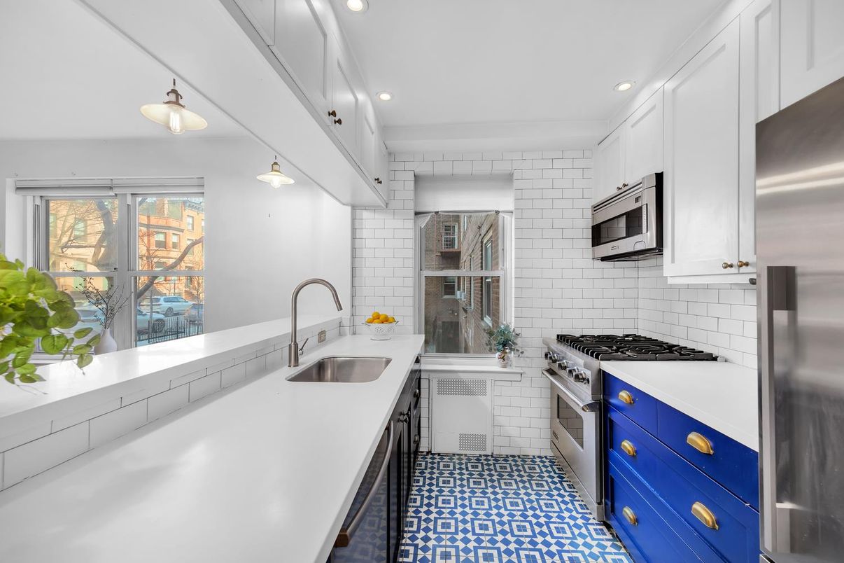 Interior, Kitchen, Recessed Lighting, Stainless Steel Appliances, Stone Walls