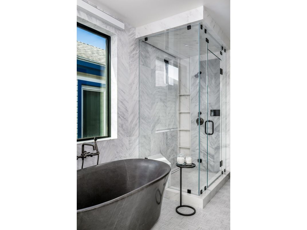 Bathroom, Free Standing Baths, Glass Shower, Interior, Marble Walls