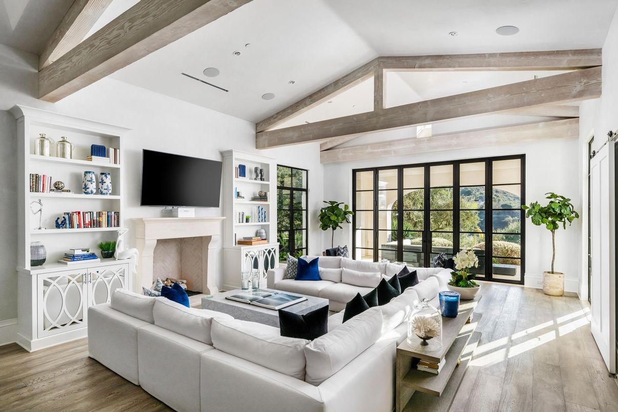 Fireplace, Interior, Living room, Recessed Lighting, Wooden Beams, Wood Texture Flooring