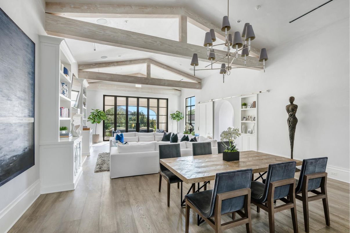 Dining room, Interior, Living room, Pendant Lights, Wooden Beams, Wood Texture Flooring