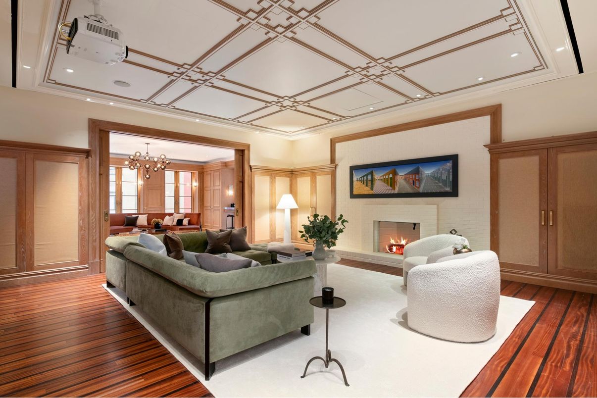 Chandelier, Dining room, Fireplace, Interior, Living room, Pendant Lights, Recessed Lighting, Wood Texture Flooring
