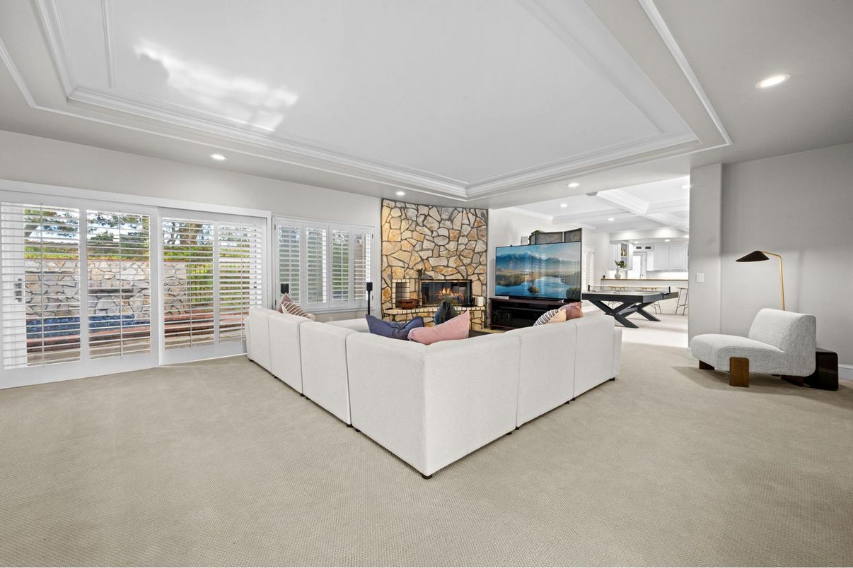 Fireplace, Interior, Living room, Recessed Lighting, Stone Walls