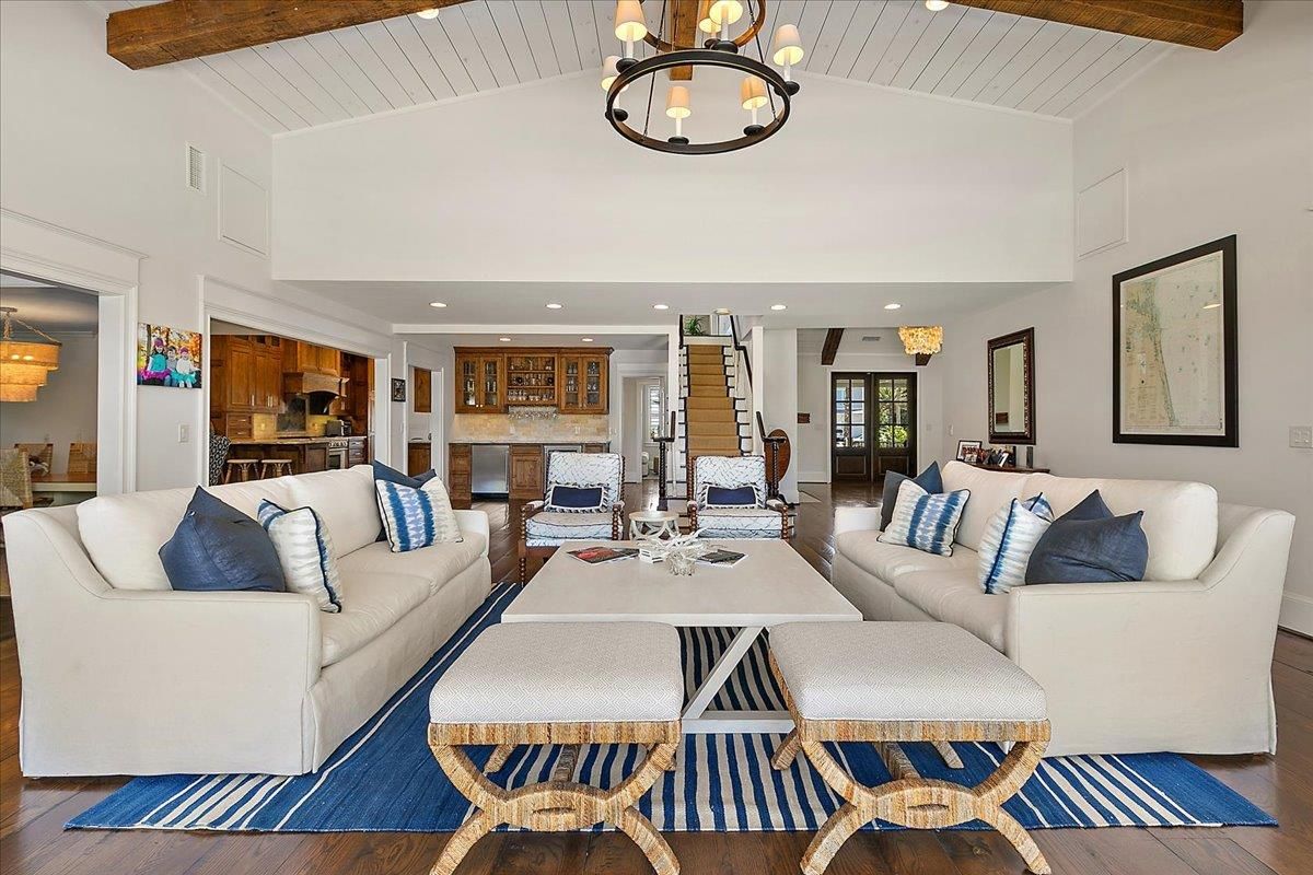 Chandelier, Dining room, Interior, Kitchen, Living room, Recessed Lighting, Wooden Beams, Wood Texture Flooring