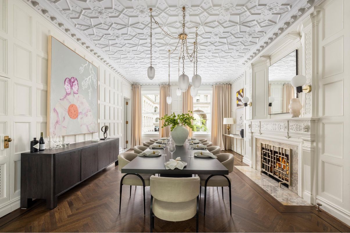 Dining room, Fireplace, Interior, Pendant Lights, Wood Texture Flooring