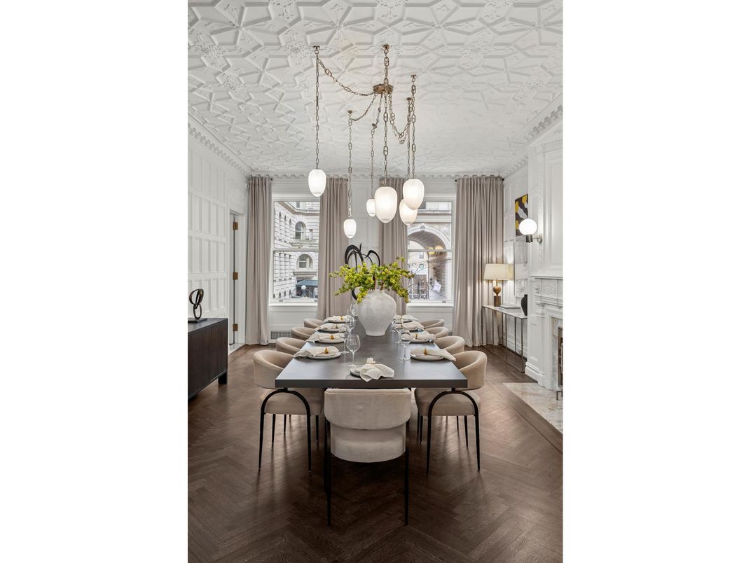 Dining room, Fireplace, Interior, Pendant Lights, Wood Texture Flooring