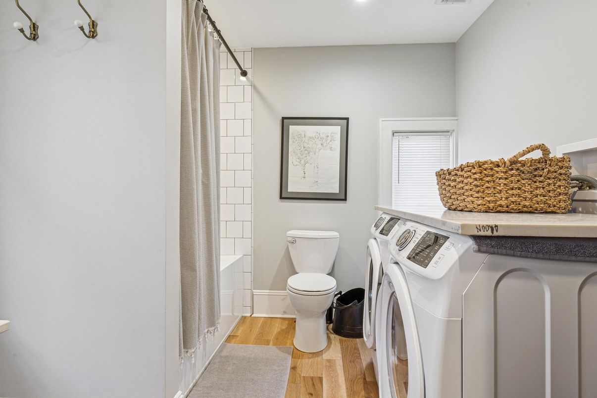 Bathroom, Interior, Recessed Lighting, Washer, Wood Texture Flooring