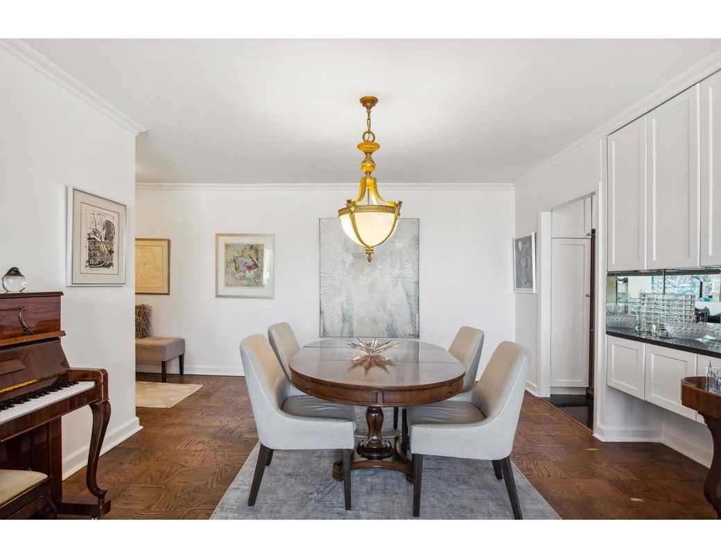 Dining room, Interior, Pendant Lights, Piano, Wood Texture Flooring