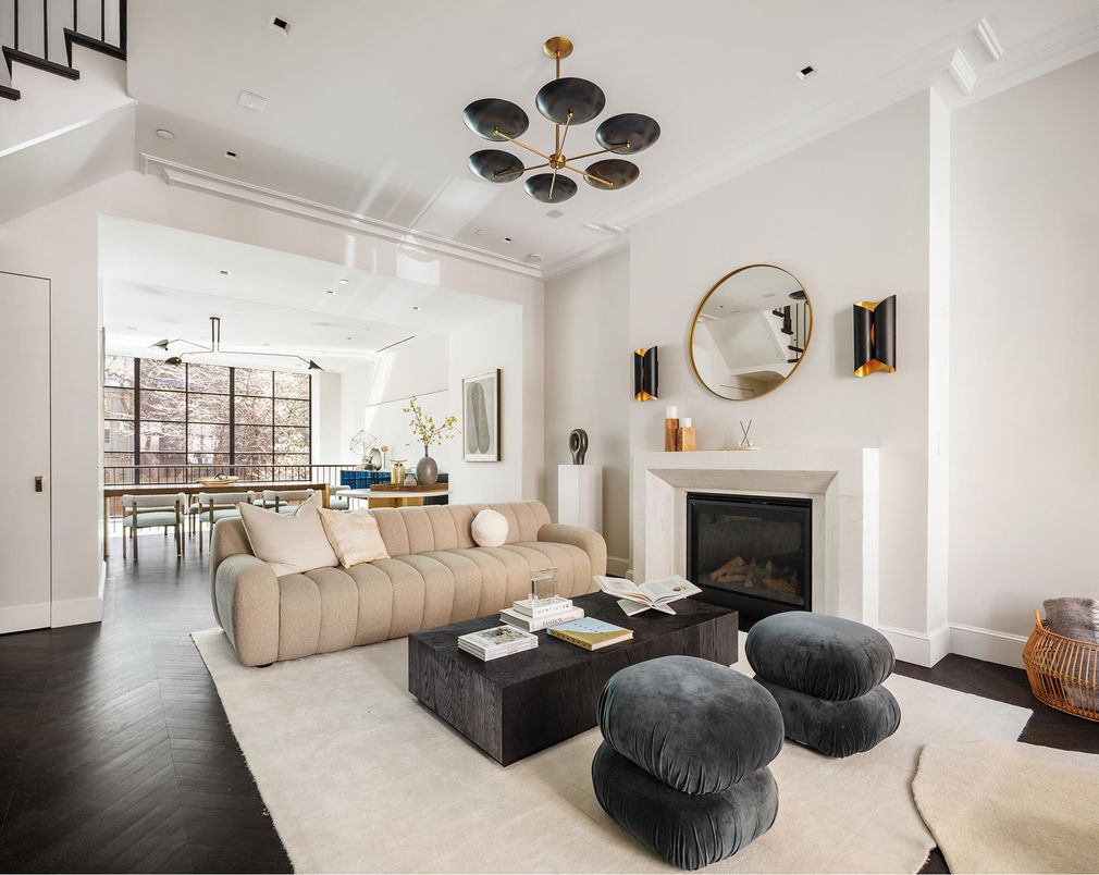 Dining room, Fireplace, Interior, Living room, Pendant Lights, Recessed Lighting, Wood Texture Flooring