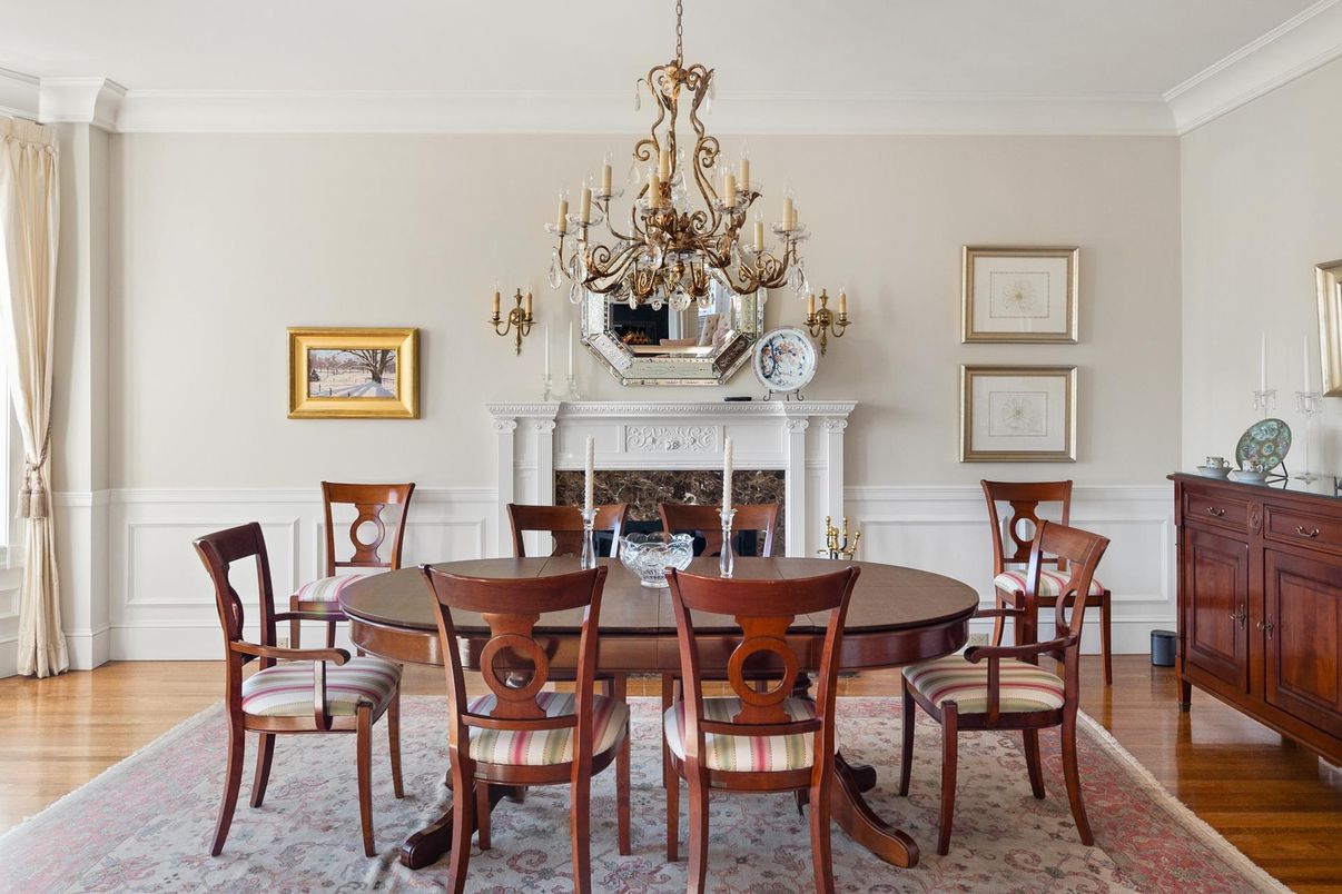 Chandelier, Dining room, Fireplace, Interior, Wood Texture Flooring