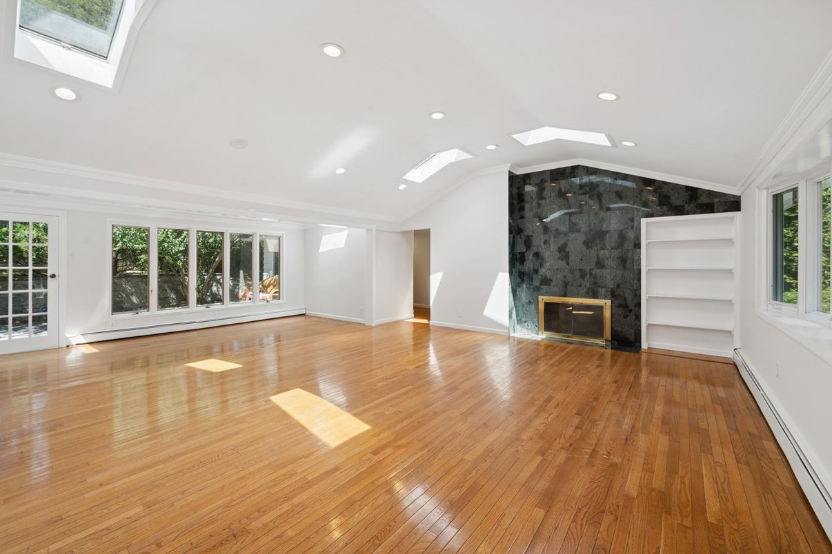Empty room, Fireplace, Interior, Recessed Lighting, Wood Texture Flooring