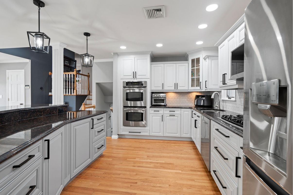 Interior, Kitchen, Pendant Lights, Recessed Lighting, Stainless Steel Appliances, Wood Texture Flooring
