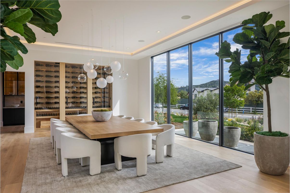 Dining room, Interior, Pendant Lights, Recessed Lighting, Wine Storage, Wood Texture Flooring