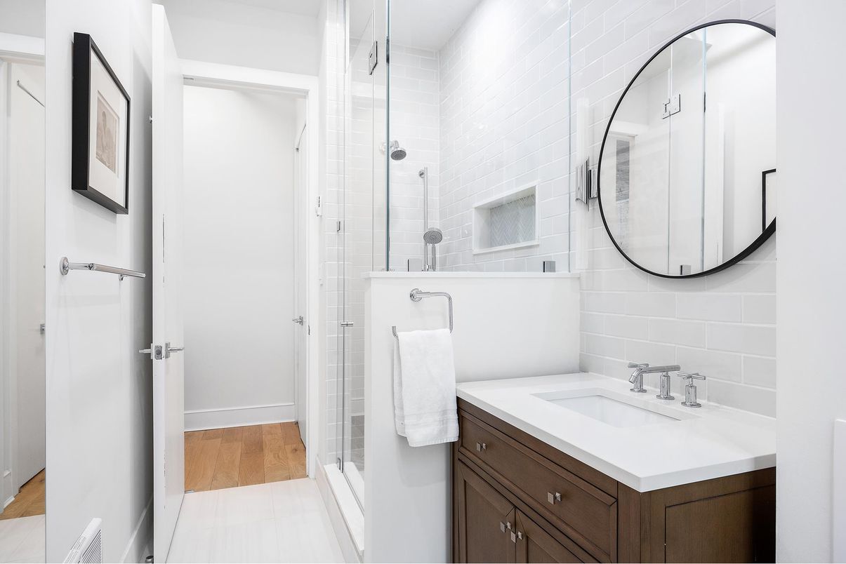 Bathroom, Glass Shower, Interior, Wood Texture Flooring