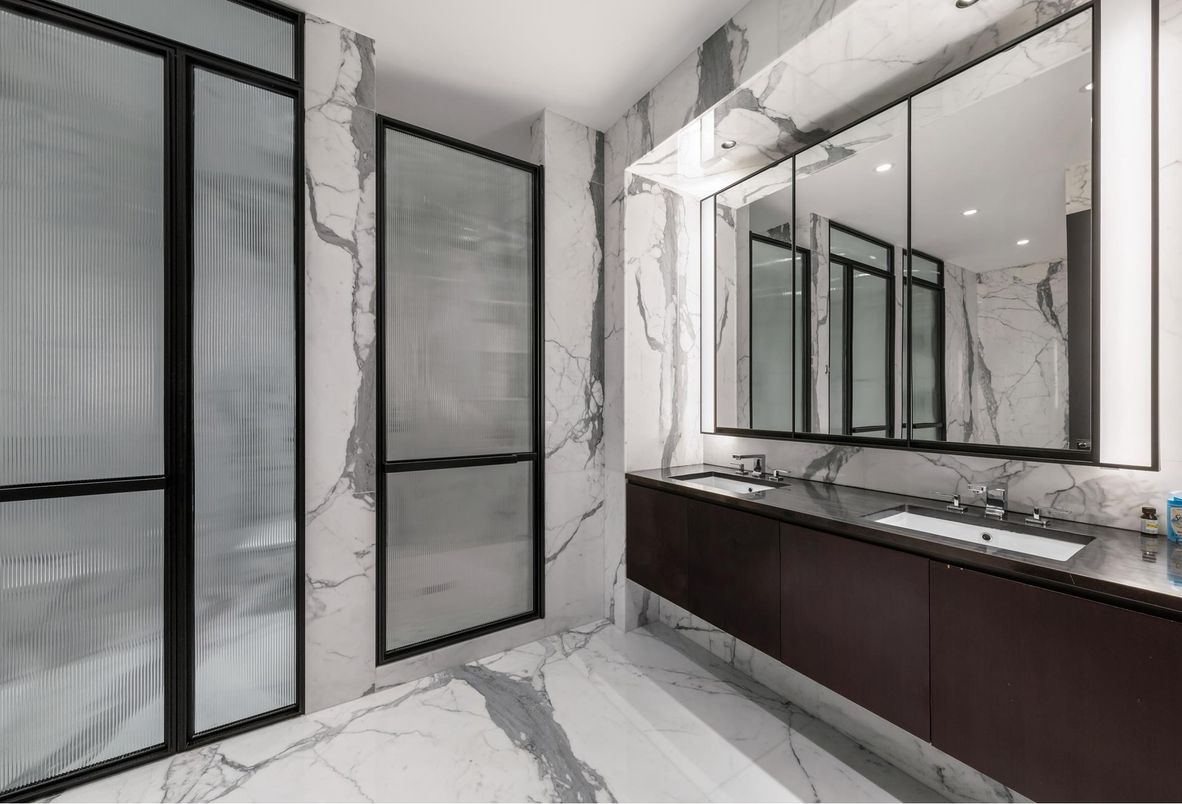 Bathroom, Dual Sink Vanities, Glass Shower, Interior, Marble, Marble Walls, Recessed Lighting