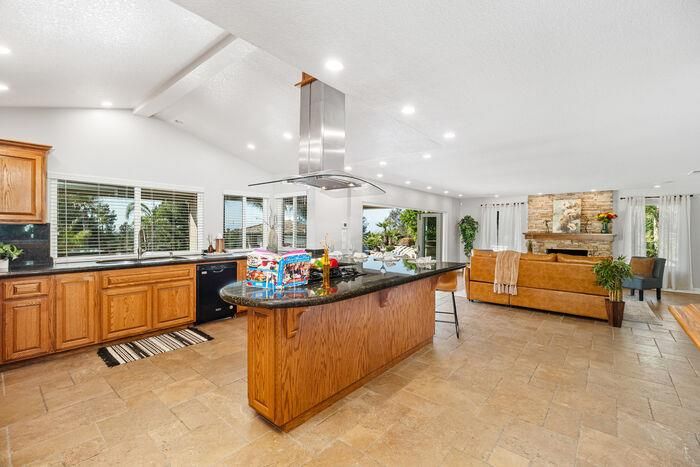 Fireplace, Interior, Kitchen, Living room, Recessed Lighting, Stainless Steel Appliances