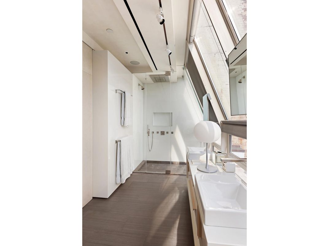 Bathroom, Dual Sink Vanities, Interior, Recessed Lighting, Wood Texture Flooring
