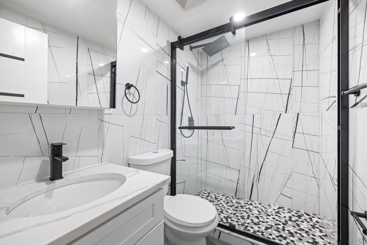 Bathroom, Glass Shower, Interior, Marble Walls, Recessed Lighting