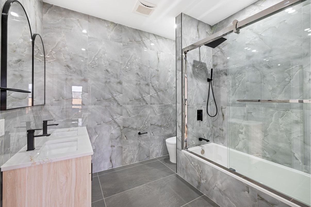 Bathroom, Glass Shower, Interior, Marble Walls, Recessed Lighting