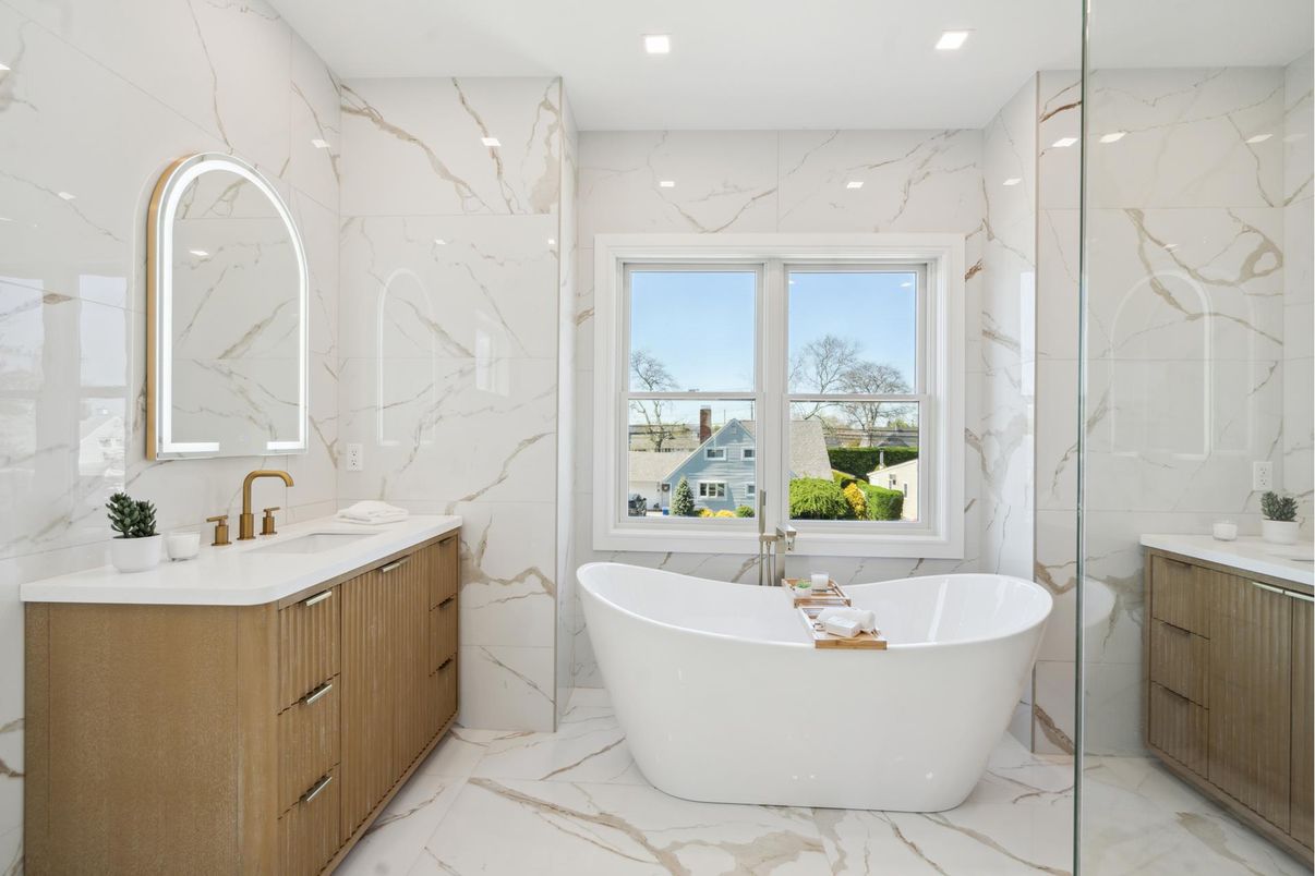 Bathroom, Free Standing Baths, Interior, Marble, Marble Walls, Recessed Lighting