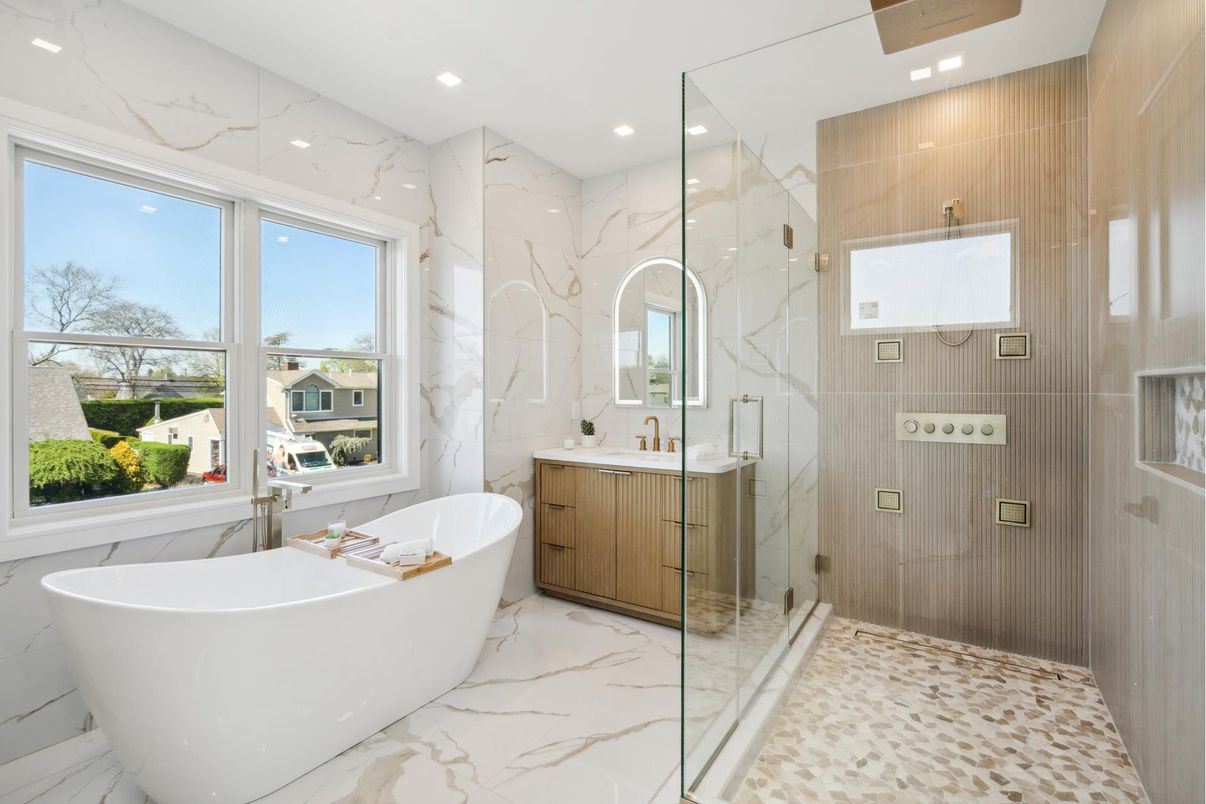Bathroom, Dual Sink Vanities, Free Standing Baths, Glass Shower, Interior, Marble, Marble Walls, Recessed Lighting