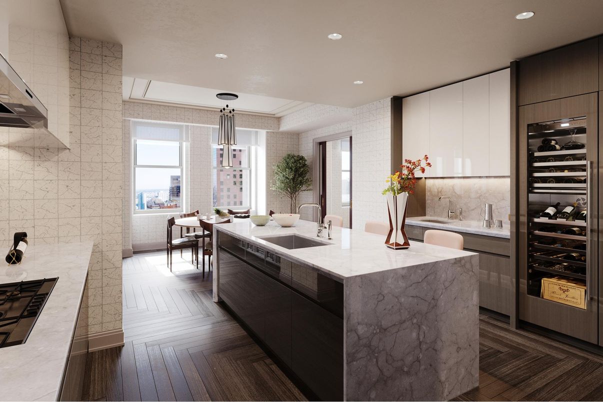 Dining room, Interior, Kitchen, Pendant Lights, Recessed Lighting, Wood Texture Flooring