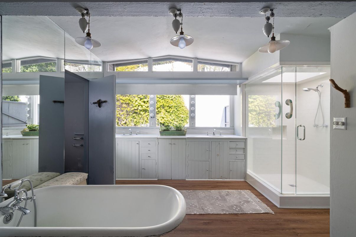 Bathroom, Free Standing Baths, Glass Shower, Interior, Wood Texture Flooring