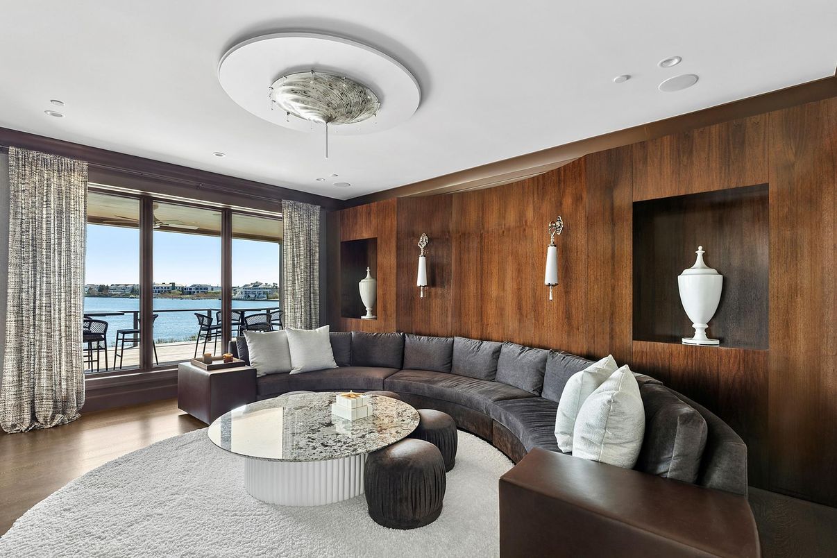Interior, Living room, Recessed Lighting, Water, Wood Texture Flooring, Wooden Walls