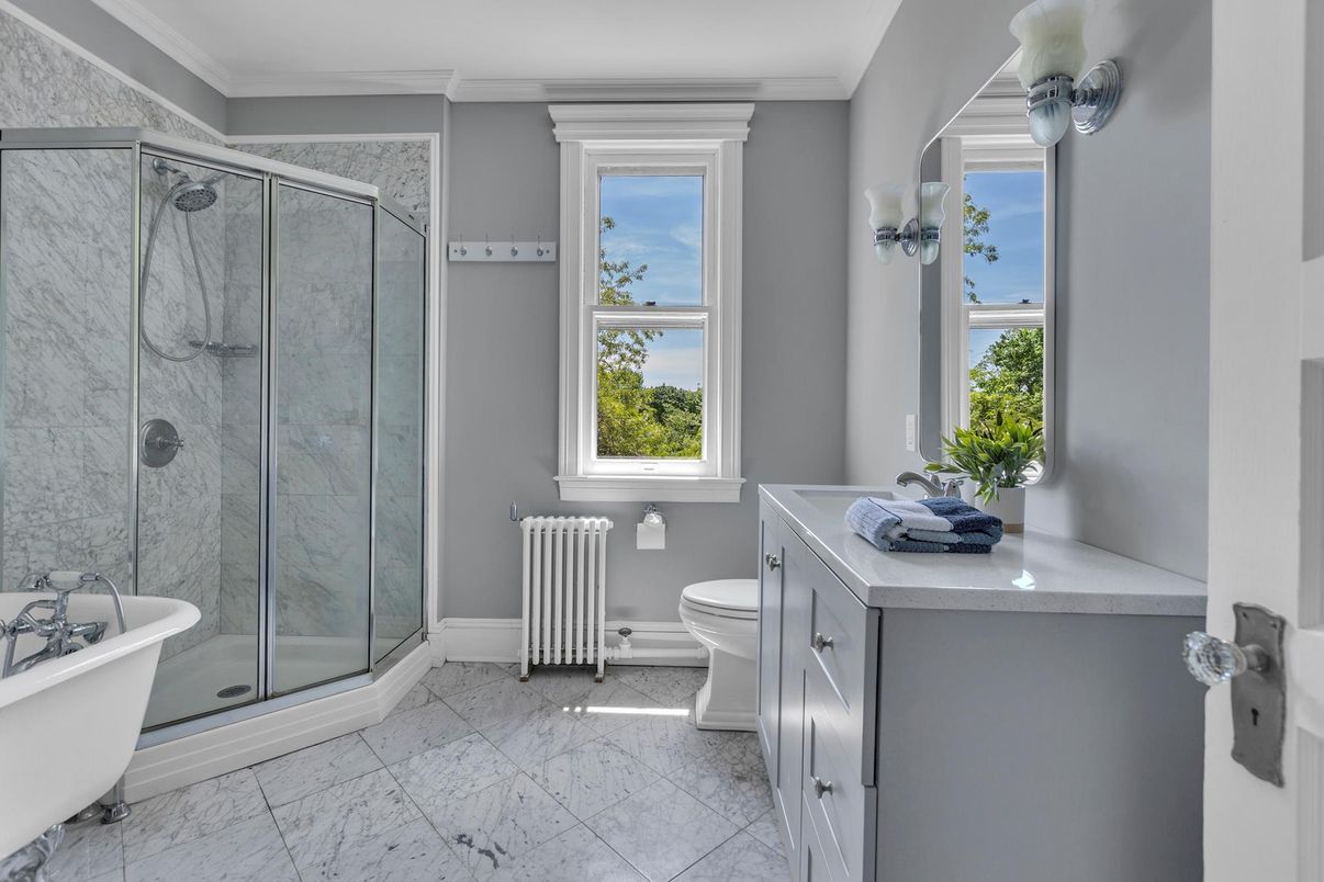 Bathroom, Free Standing Baths, Glass Shower, Interior, Marble, Marble Walls