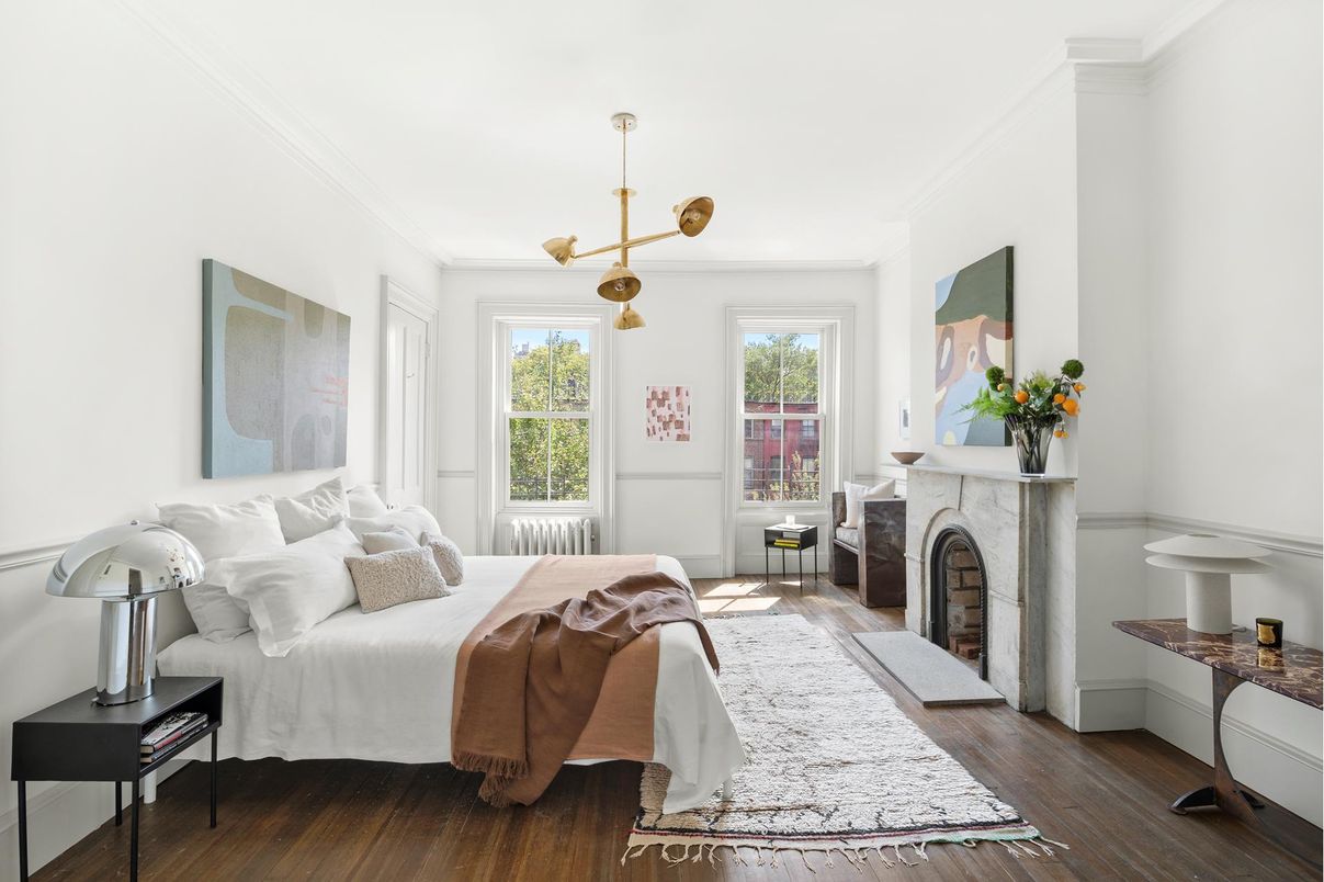 Bedroom, Fireplace, Interior, Pendant Lights, Wood Texture Flooring