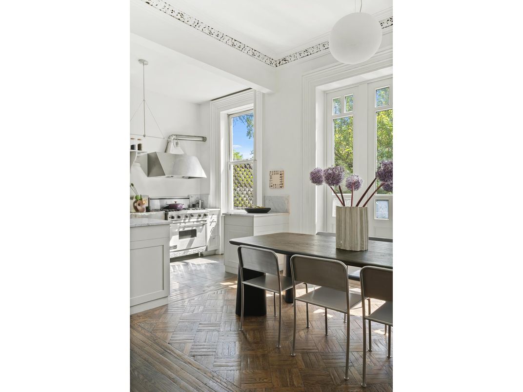 Dining room, Interior, Kitchen, Pendant Lights, Stainless Steel Appliances, Wood Texture Flooring