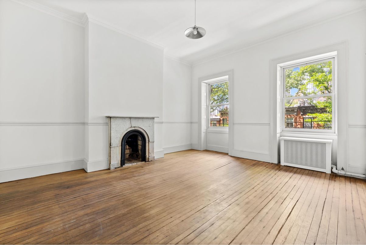 Empty room, Fireplace, Interior, Pendant Lights, Wood Texture Flooring
