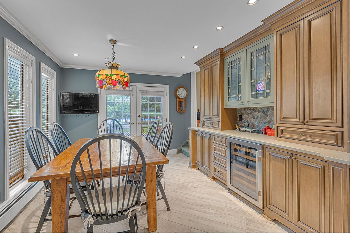 Dining room, Interior, Pendant Lights, Recessed Lighting, Wood Texture Flooring