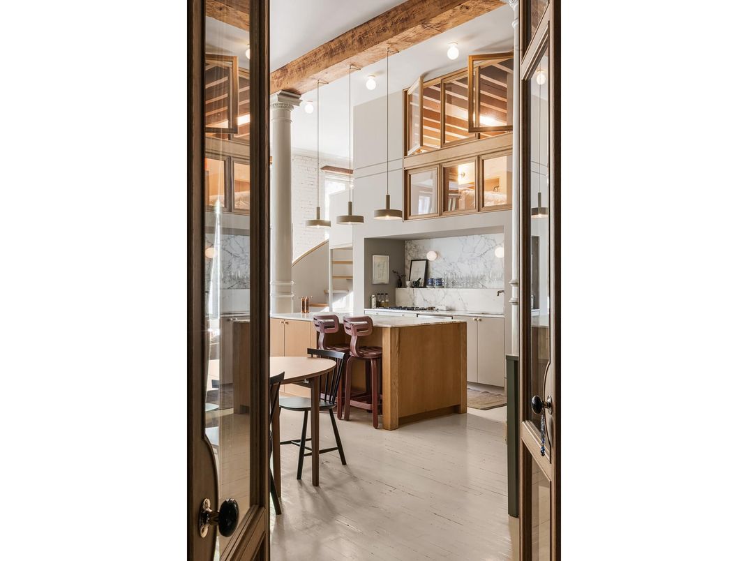 Interior, Kitchen, Marble Walls, Wooden Beams, Wood Texture Flooring